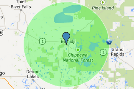 Map showing WoodChucks service area around Bemidji and Northern Minnesota